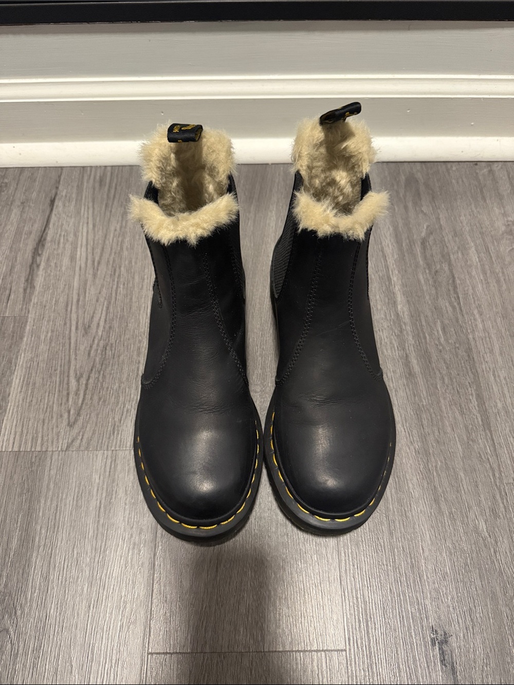 Dr. Martens Black Leather Chelsea Boots with Cream Faux Fur Trim - Picture 3 of 8